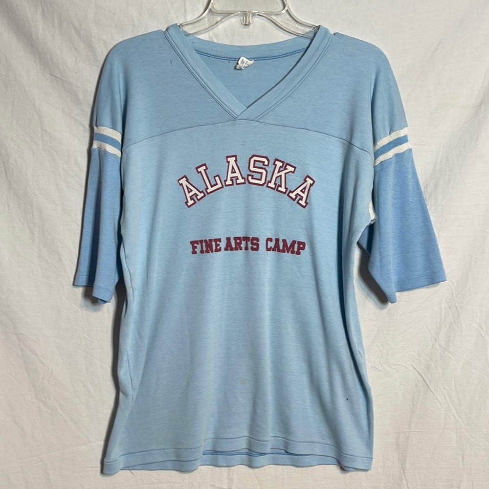 Vintage Logo-7 Shirt Alaska Fine Arts Camp Large 1980s USA Baby Blue Vneck L 80s